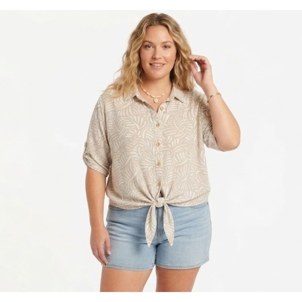 I.N. Studio Tan White Leaves Print‎ Ultra Soft Rayon Tie Front Relaxed Top 1X